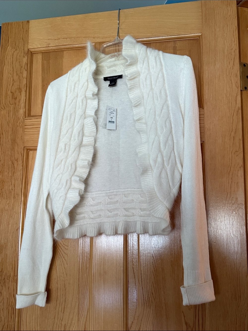 White House Black Market Cream Ruffle Trim Cable Open-Front Cardigan